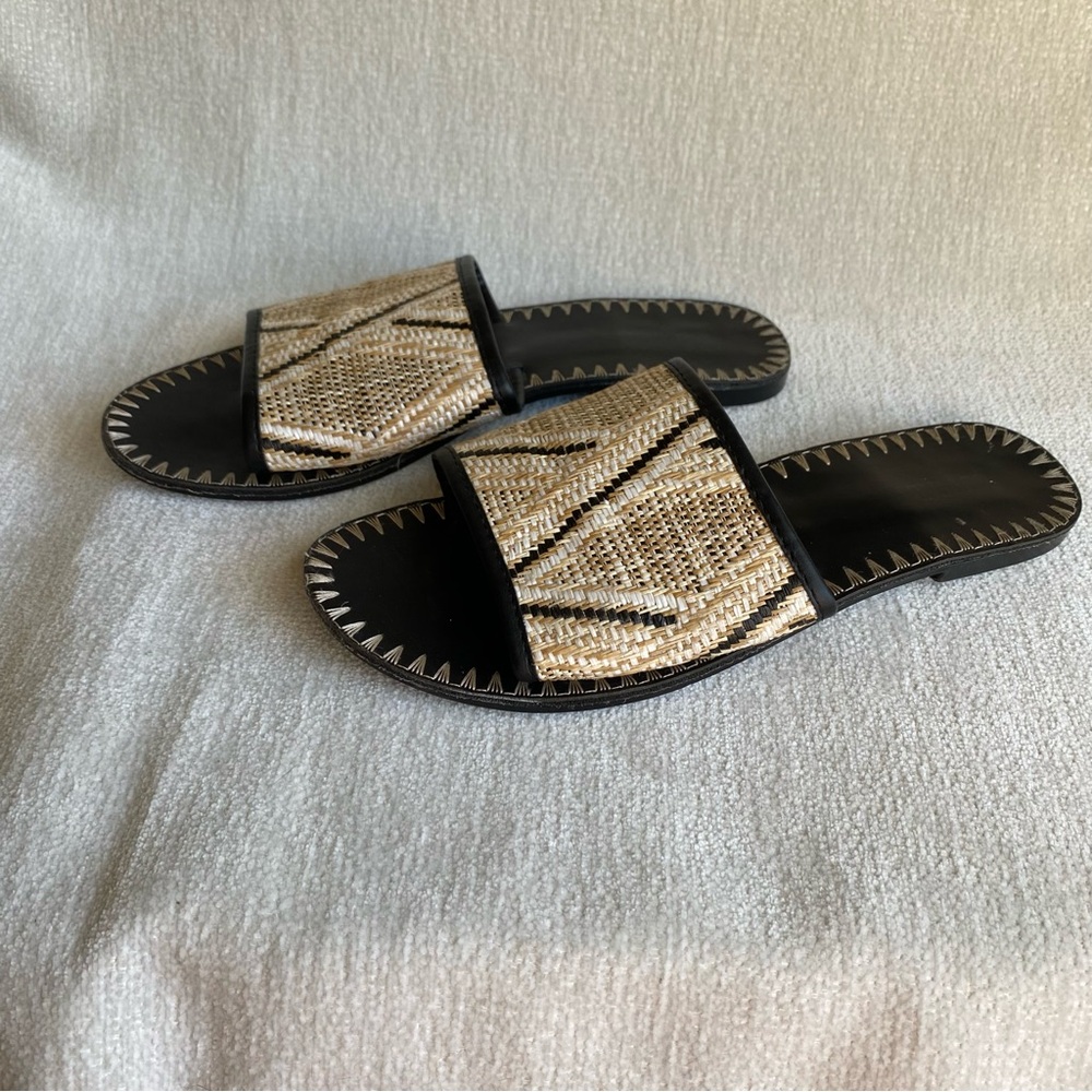 Woven Black and Tan Slide Sandals Vegan Leather